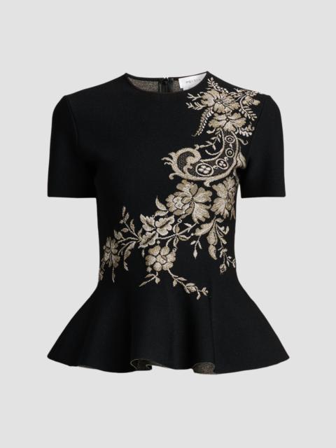Alexander McQueen Women's Asymmetric Jacquard Peplum Top - Black Silver Gold