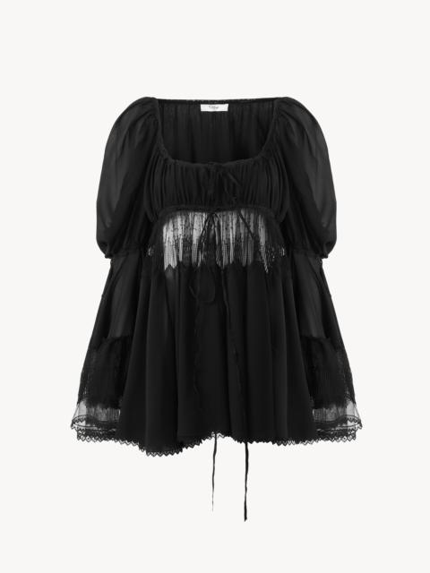 Chloé SCOOP-NECK PUFF-SLEEVE TOP IN SILK GEORGETTE & LACE