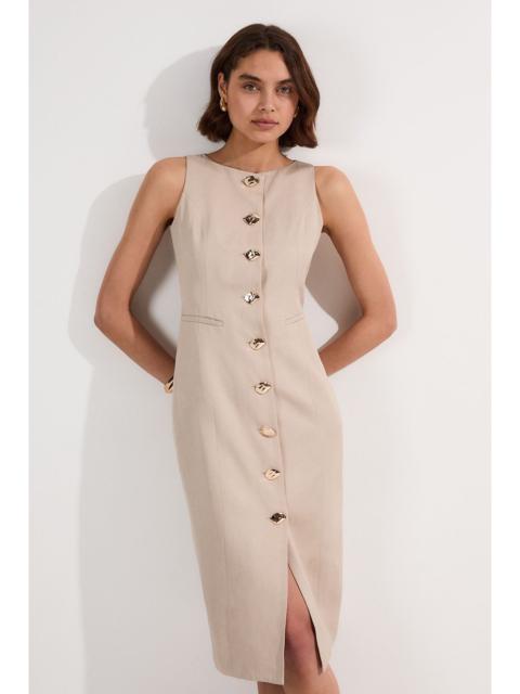KAREN MILLEN Petite Viscose Linen Tailored Statement Button Front Pencil Midi Dress