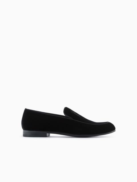 Velvet loafers with embroidered logo