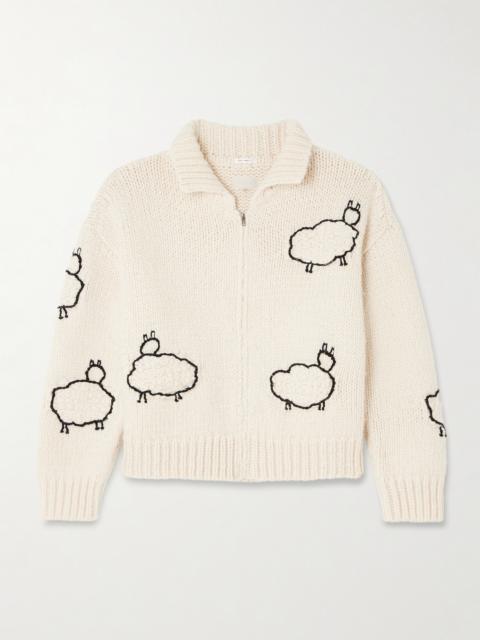 MOTHER The Crop Racquette Embroidered Wool And Cotton-blend Cardigan