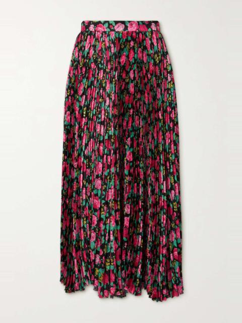 Pleated floral-print satin midi skirt