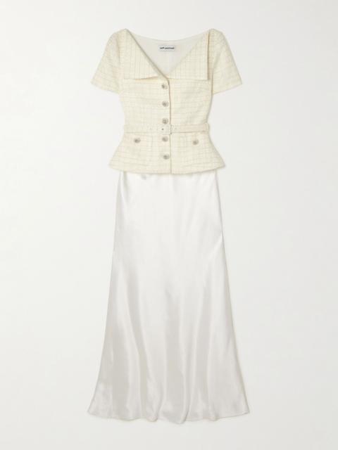 self-portrait Belted embellished bouclé and satin maxi dress Cream