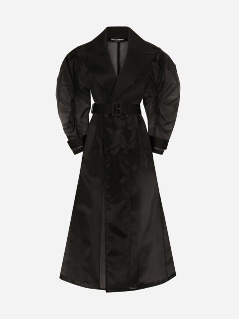 Technical organza trench coat with gathered sleeves