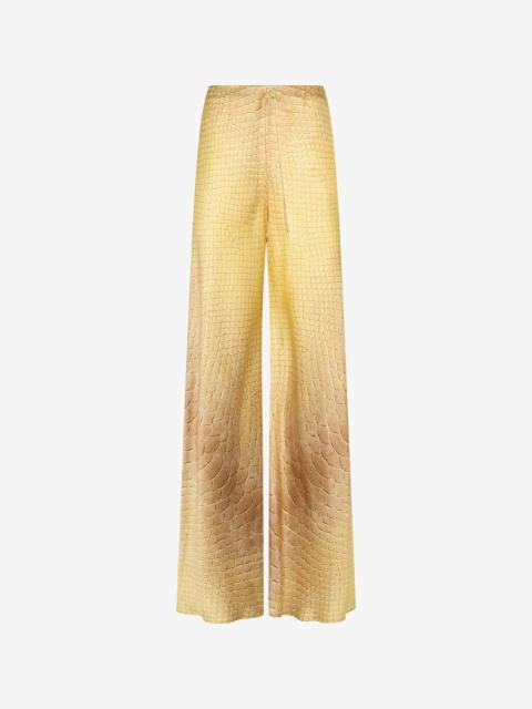 Roberto Cavalli Wide-Leg Silk Pants with Beige and Sand Scale Print