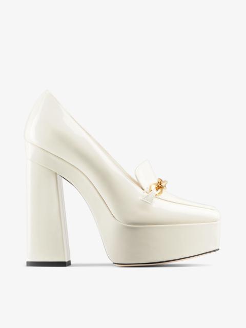 JIMMY CHOO Diamond Tilda 140 Latte Soft Patent Leather Loafers with Chain Embellishment