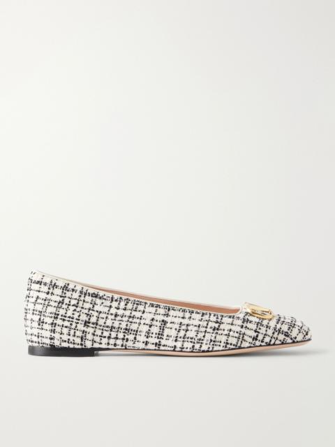 Valentino VLogo checked leather-trimmed bouclé ballet flats White