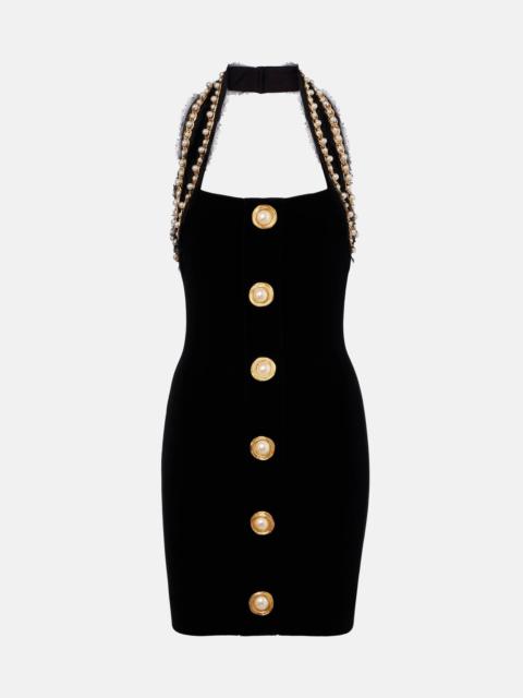 Balmain Faux pearl-embellished velvet minidress