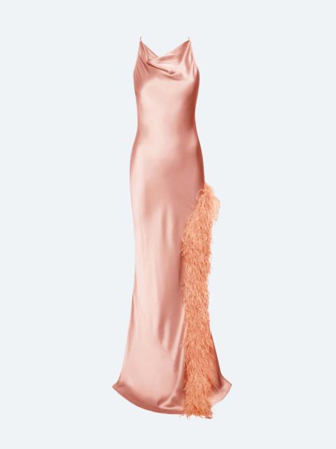 LAPOINTE Satin Halter Gown With Feathers