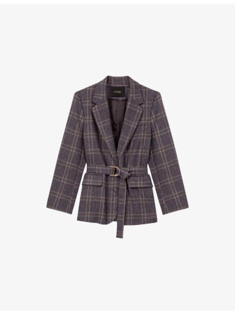 maje Checked Belted-Waist Stretch-Woven Blazer