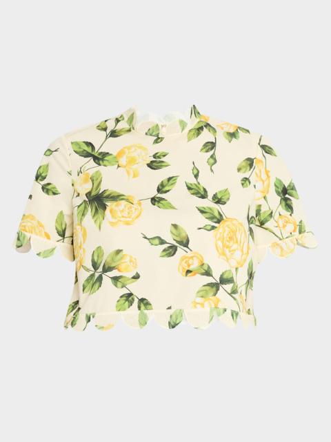 Oscar de la Renta English Roses Scalloped Crop Poplin Blouse