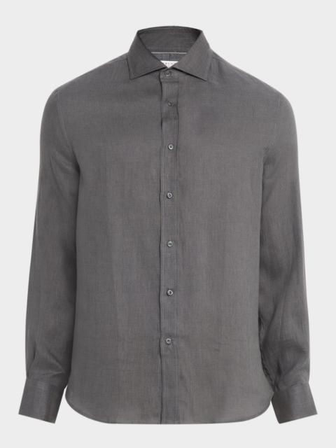 Brunello Cucinelli Men's Linen and Cotton Band Collar Button-Down Shirt