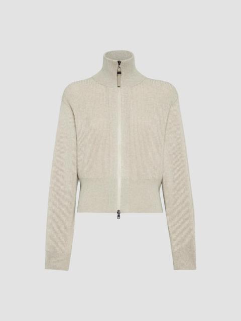 Brunello Cucinelli Women's Sparkling Cashmere English Rib Cardigan with Shiny Zipper Pull - Sand
