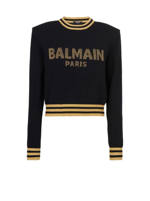 Cropped wool sweatshirt with gold Balmain logo