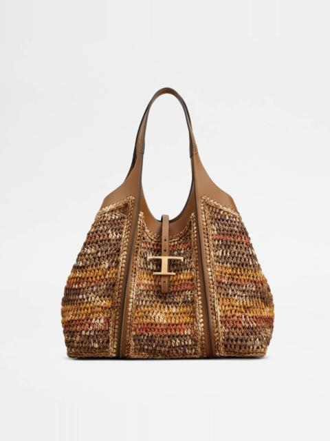 Tod's T TIMELESS SHOPPING BAG IN LEATHER AND RAFFIA MEDIUM