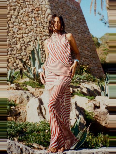 De La Vali DIOSA SKIRT IN MAROON & TURQUOISE STRIPE GEORGETTE