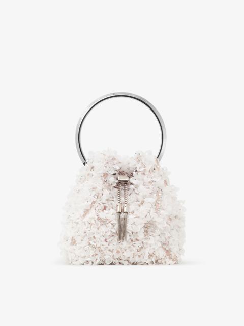 JIMMY CHOO Bon Bon
Ivory Satin Bucket Bag with Petal Embroidery
