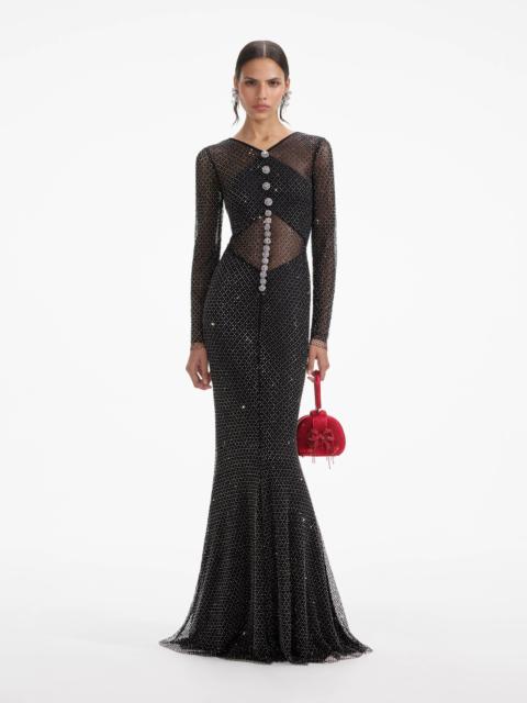 Black Rhinestone Fishnet Crossover Maxi Dress