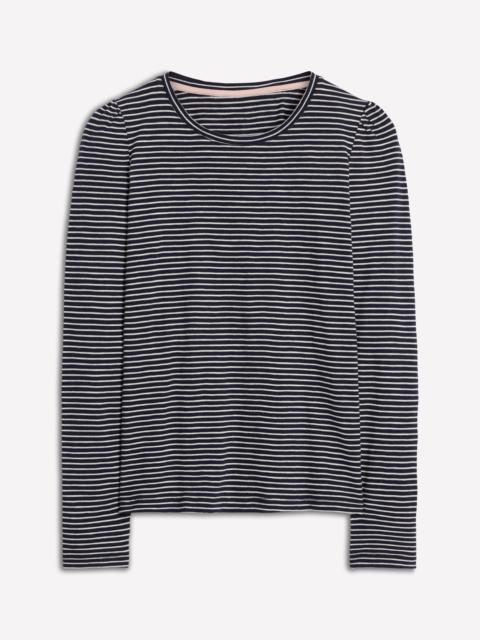 BODEN Cotton Crew Long Sleeve Top-Navy, Ivory Stripe