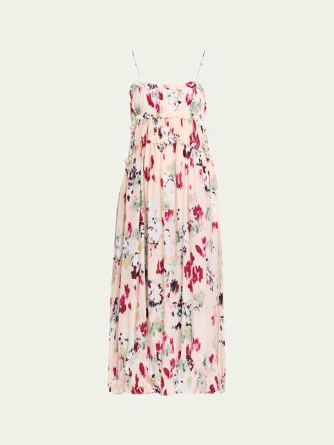 ULLA JOHNSON Clove Ruffled Floral Silk A-Line Midi Dress
