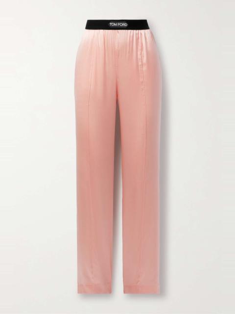 Velvet-trimmed stretch-silk satin pants