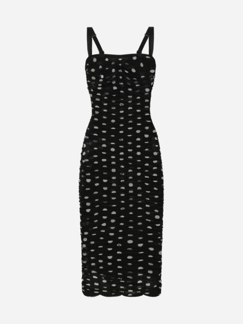 Tulle calf-length sheath dress with draping and polka-dot print