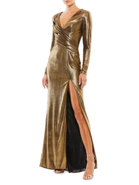 MAC DUGGAL Women's Metallic Long-Sleeve Asymmetrical Ruched Gown - Gold