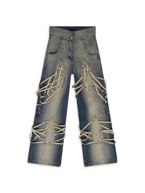 WHO DECIDES WAR Laced Stained Wide-Leg Jeans "Indigo" 3120200010SS24