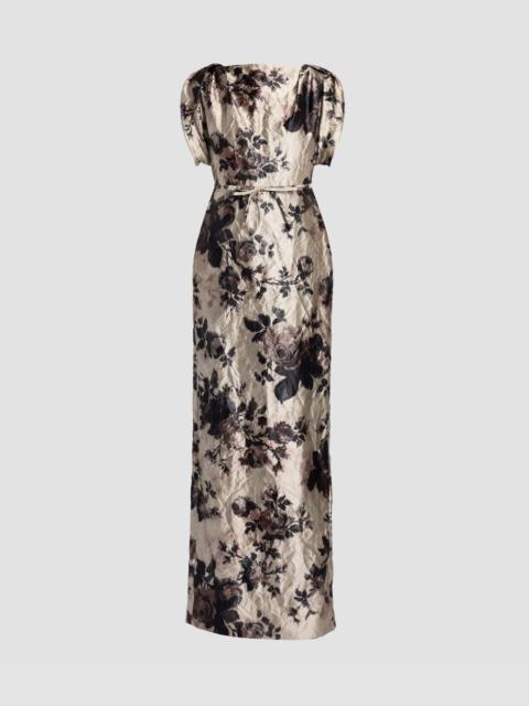 Erdem FLORAL TEXTURED SATIN SHORT SLEEVE GOWN