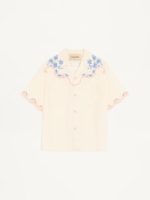 Valentino VALENTINO LINEN BOWLING SHIRT IN SAN GALLO WITH VLOGO EMBROIDERY
