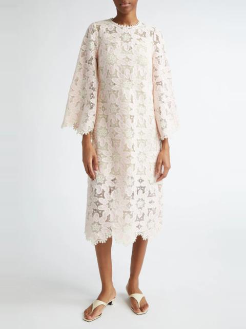 Ottie Long Sleeve Guipure Lace Cotton Blend Midi Dress in Cream/Pink