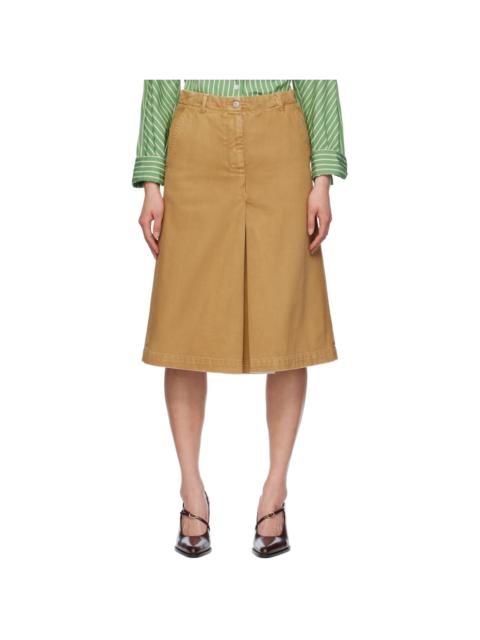 Beige Pleated Denim Midi Skirt