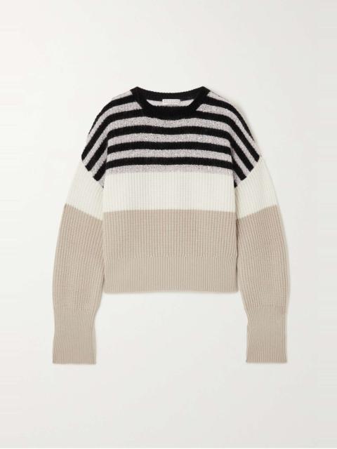 Striped sequin-embellished wool, cashmere and silk-blend sweater