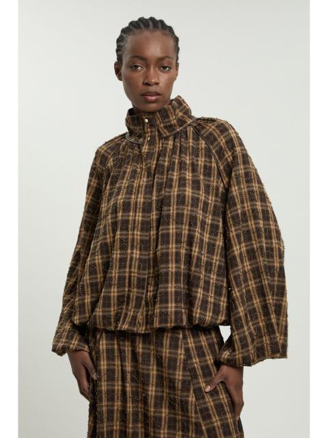 KAREN MILLEN Beaded Check Print Bubble Hem High Neck Jacket