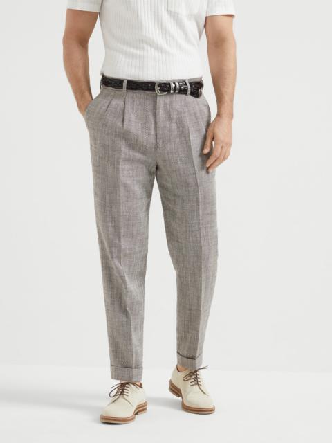 Brunello Cucinelli Silk, linen and cotton chevron leisure fit trousers with double pleats