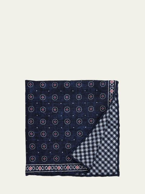 Brunello Cucinelli Men's Double-Face Geometric-Check Silk Pocket Square