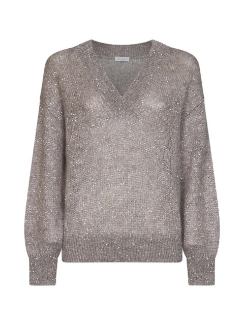 Brunello Cucinelli Dove grey Dazzling half-Engligh rib sticth cotton knit sweater