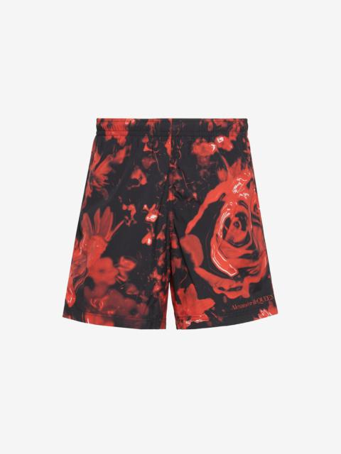 Alexander McQueen Men's Wax Flower Swim Shorts in Black/red