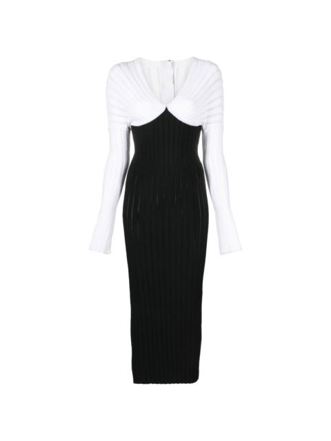 two-tone pleated knitted midi dress