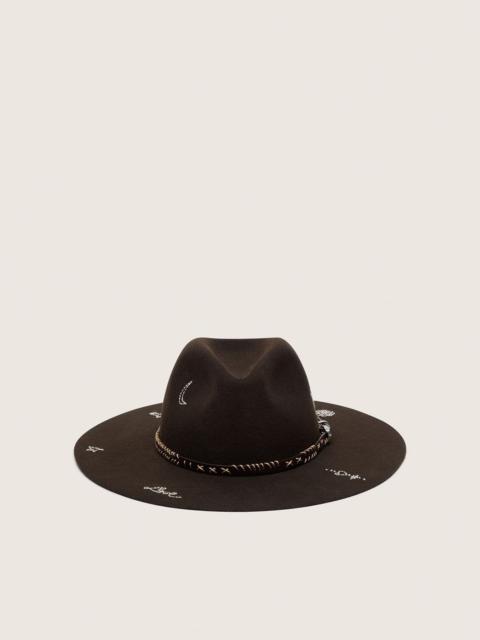 Golden Goose Dark brown fedora hat with leather strap and white embroidery