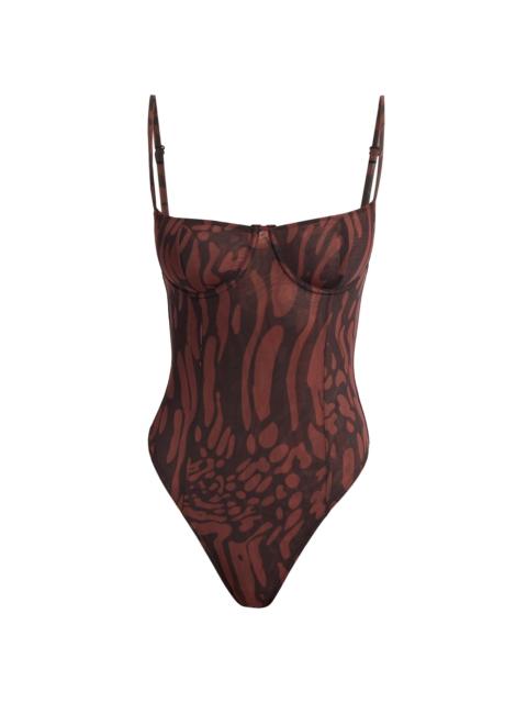 GOOD AMERICAN Women's Corset Demi Mesh Bodysuit - Java Warped Leopard