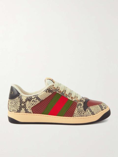 GUCCI Screener Webbing-Trimmed Snake-Effect and Perforated Leather Sneakers