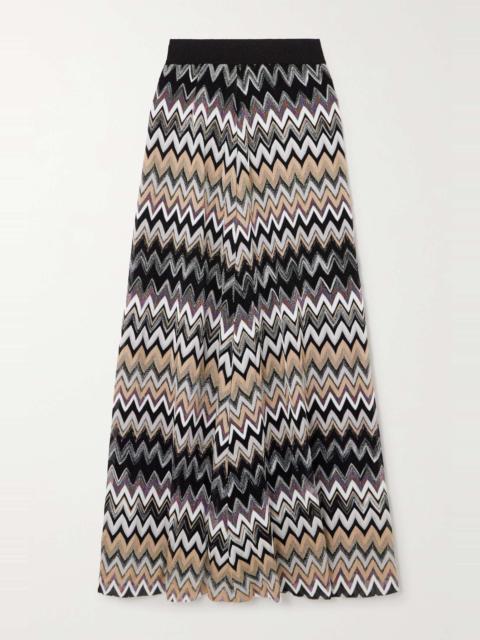Striped metallic crochet-knit maxi skirt