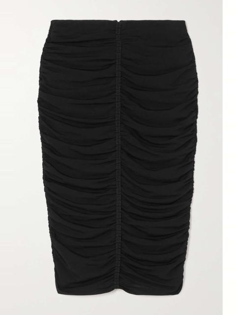 Ruched crochet-trimmed stretch-jersey midi skirt