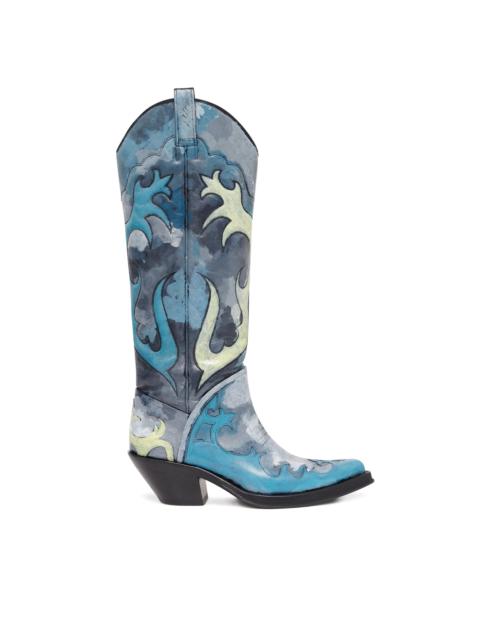 GABRIELA HEARST Hand Painted Capitana Cowboy Boot in Blue Grey Multi Leather