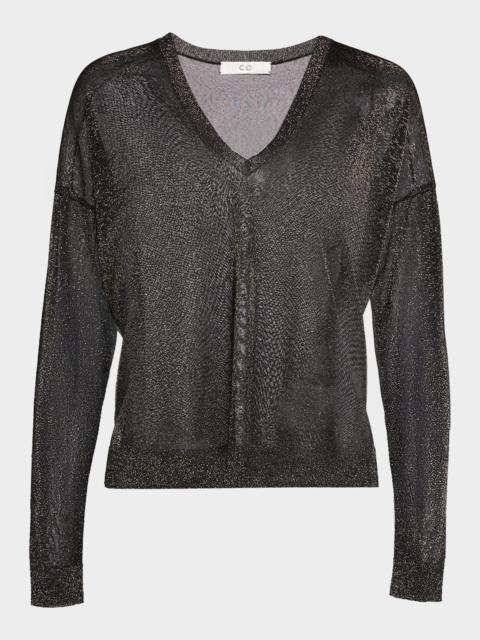 CO Metallic Sheer Knit V-Neck Sweater