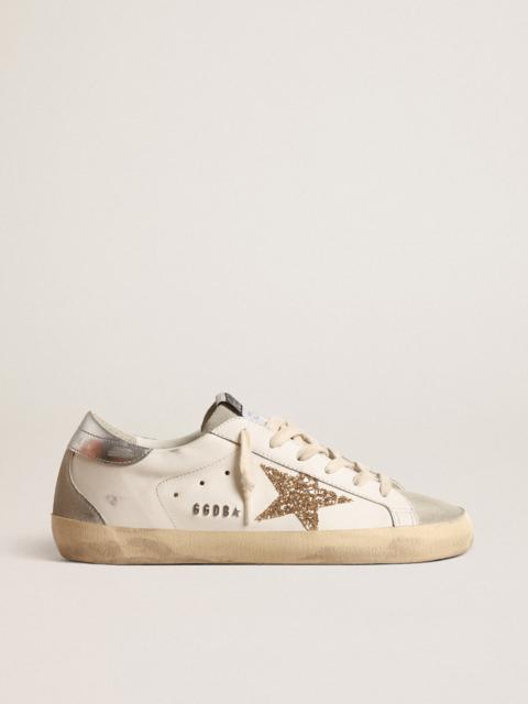 Golden Goose Super-Star with gold glitter star and ice-gray suede inserts