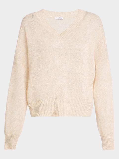 Brunello Cucinelli Micro Paillettes V-Neck Mohair Knit Sweater