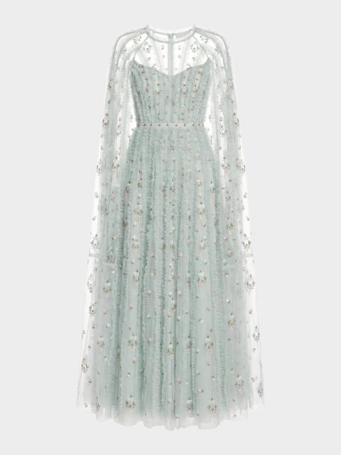 MAC DUGGAL Embroidered Cape-Sleeve Mesh Gown
