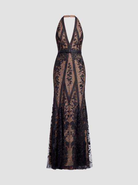 Dress The Population Women's Devin Floral Lace Halter Mermaid Maxi Dress - Black Beige